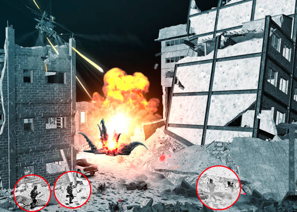 istock War scene, bombed buildings and special forces troops in action, explosions. Hostile environment, middle east. Rescue operation 1189323227