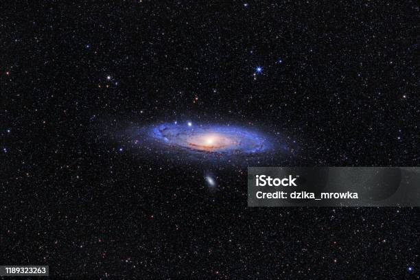 Andromeda Galaxy In Andromeda Constellation Against Widefield Starry Sky Stock Photo - Download Image Now