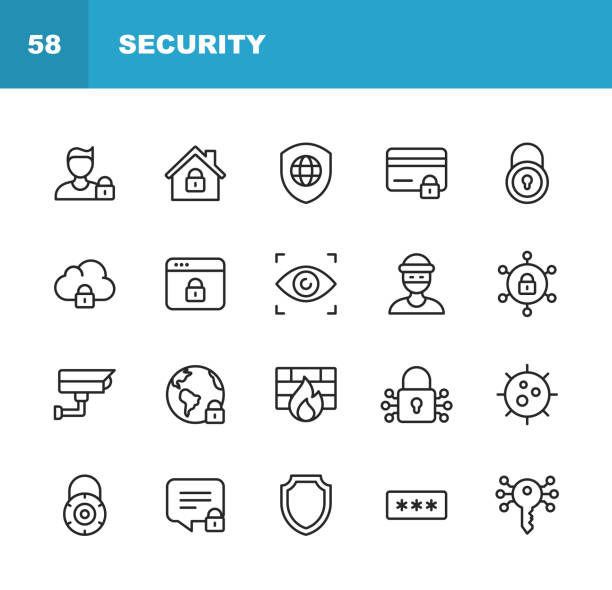 보안 라인 아이콘입니다. 편집 가능한 스트로크입니다. 픽셀 완벽한. 모바일 및 웹용. 보안, 방패, 보험, 자물쇠, 컴퓨터 네트워크, 지원, 키, 안전, 버그, 사이버 보안 등의 아이콘이 포함되어 있� - 금고 보안 장비 stock illustrations