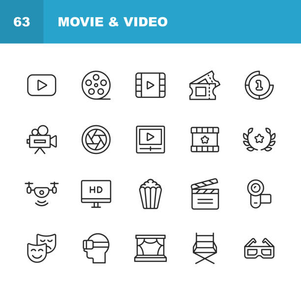 видео, кино, иконы линии кино. редактируемый ход. пиксель совершенный. для мобильных устройств и интернета. содержит такие иконки, как video playe - movie icon stock illustrations
