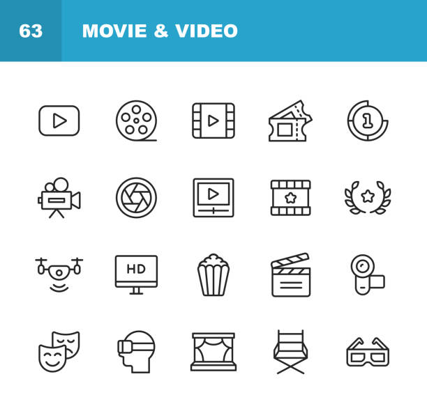 Video, Cinema, Film Line Icons. Editable Stroke. Pixel Perfect. For Mobile and Web. Contains such icons as Video Player, Film, Camera, Cinema, 3D Glasses, Virtual Reality, Theatre, Tickets, Drone, Directing, Television. 20 Video, Cinema, Film Outline Icons. creativity symbols stock illustrations