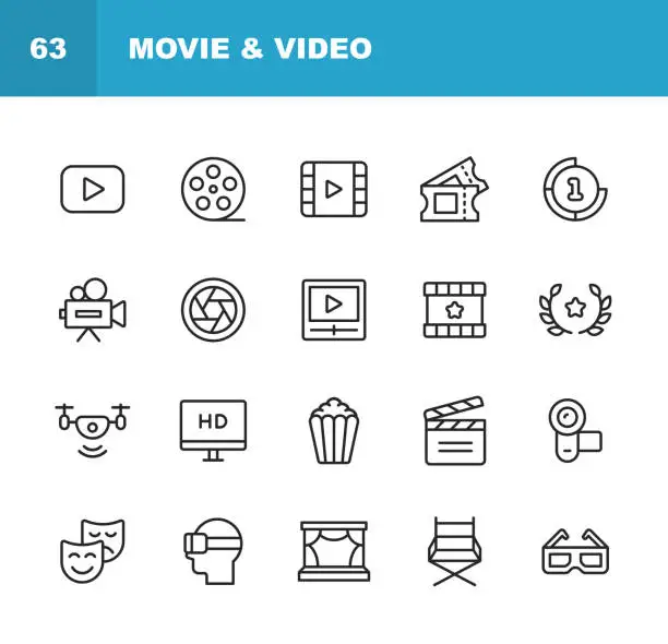 Vector illustration of Video, Cinema, Film Line Icons. Editable Stroke. Pixel Perfect. For Mobile and Web. Contains such icons as Video Player, Film, Camera, Cinema, 3D Glasses, Virtual Reality, Theatre, Tickets, Drone, Directing, Television.