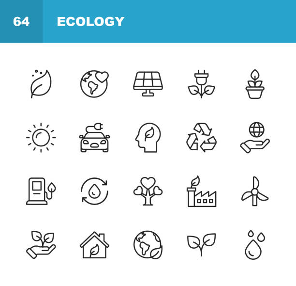 エコロジーと環境ラインアイコン。編集可能なストローク。ピクセルパーフェクト。モバイルおよび web 用。葉、生態学、環境、電球、森林、グリーンエネルギー、農業、水、気候変動、リ� - green waste点のイラスト素材／クリップアート素材／マンガ素材／アイコン素材