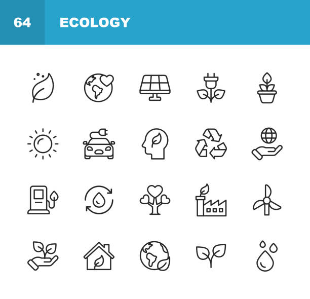 생태 및 환경 선 아이콘입니다. 편집 가능한 스트로크입니다. 픽셀 완벽한. 모바일 및 웹용. 잎, 생태, 환경, 전구, 숲, 녹색 에너지, 농업, 물, 기후 변화, 재활용 등의 아이콘이 포함되어 있습니� - environmental conservation recycling recycling symbol symbol stock illustrations