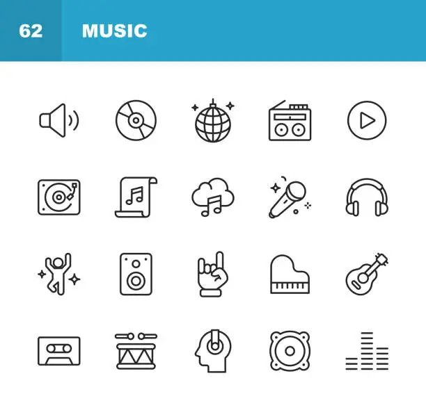 Vector illustration of Music Line Icons. Editable Stroke. Pixel Perfect. For Mobile and Web. Contains such icons as Speaker, Audio, Music Player, Music Streaming, Dancing, Party, Piano, Headphones, Guitar, Radio.