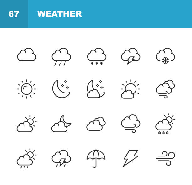 Weather Line Icons. Editable Stroke. Pixel Perfect. For Mobile and Web. Contains such icons as Weather, Sun, Cloud, Rain, Snow, Temperature, Climate, Moon, Wind. 20 Weather Outline Icons. rain symbols stock illustrations