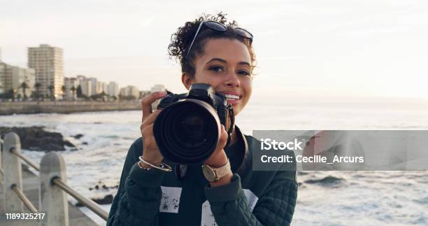 Eyes Like A Shutter Mind Like A Lens Stock Photo - Download Image Now - Photographer, Women, One Woman Only