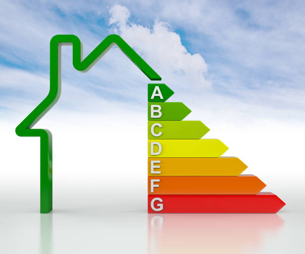 istock 3D Bar Graph Home, Energy Efficiency Concept, Isolated on Blue Sky. 3D Rendering 1189325244