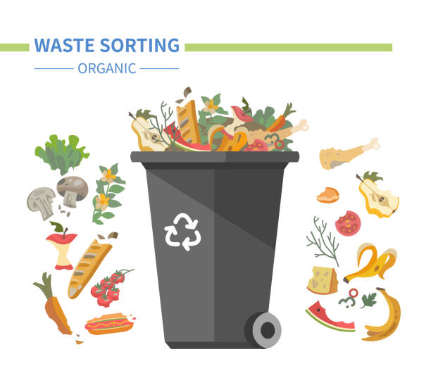 Organic waste recycling - modern flat design style illustration Organic waste recycling - modern flat design style illustration. Recyclable litter, food scraps, kitchen slops, rotten vegetables, fruit and a special black bin. Eco lifestyle, garbage sorting concept black trash bin stock illustrations