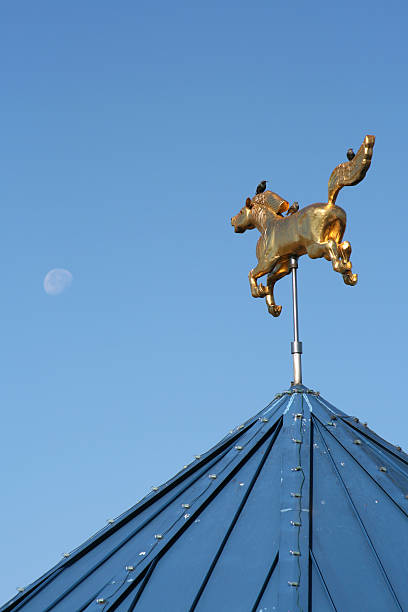Wuerzburg, Germany - July 03, 2023: Dove and golden cross on the roof of the Neumünster Church in Wuerzburg, Bavaria.