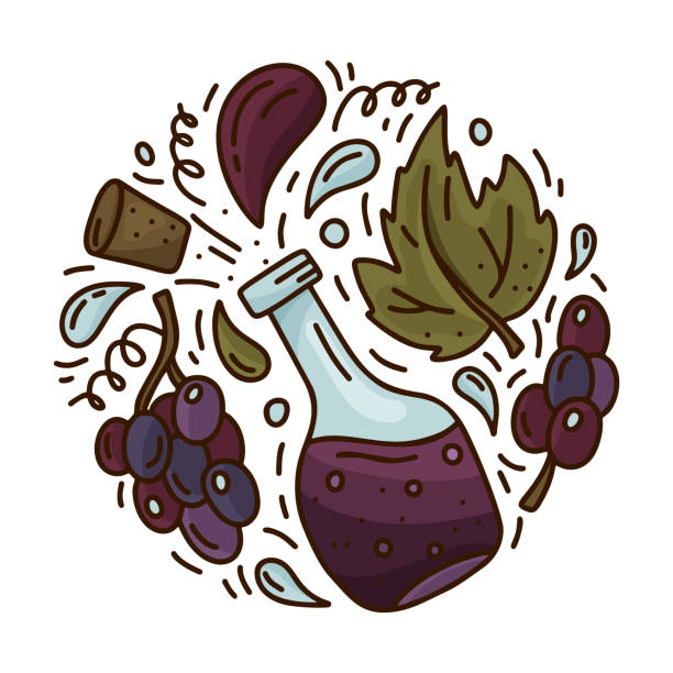 ilustraciones, imágenes clip art, dibujos animados e iconos de stock de botella de dibujos animados con uvas negras aisladas. plantilla redonda de vino tinto o vinagre balsámico. - balsamic vinegar bottle vinegar red wine