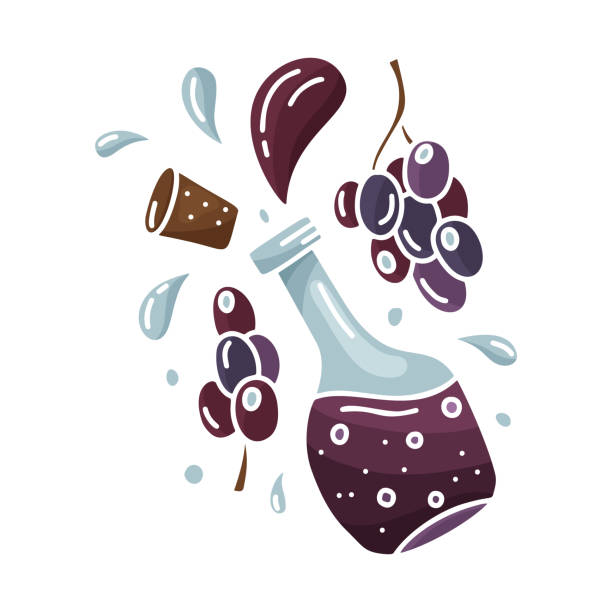 ilustraciones, imágenes clip art, dibujos animados e iconos de stock de vino tinto o vinagre balsámico. conjunto de caricaturas de botella con uvas negras aisladas, corcho y salpicaduras. - balsamic vinegar bottle vinegar red wine