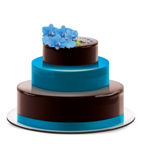 istock A multi layered chocolate cake with Blue orchid branchand decor on dish. Vector illustration 1189331745
