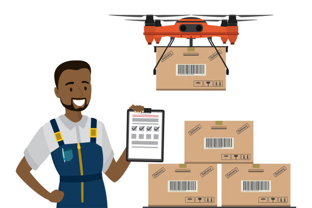 illustrations, cliparts, dessins animés et icônes de livreur et drone de livraison afro-américain avec la boîte de colis. - drone futuristic