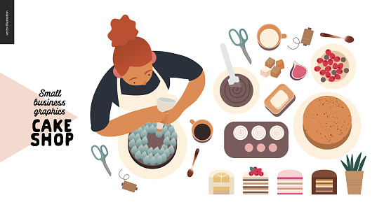 Cake shop, cakes on demand - small business graphics - process -modern flat vector concept illustrations - a cake maker decorating a cake, production process, cakes range set