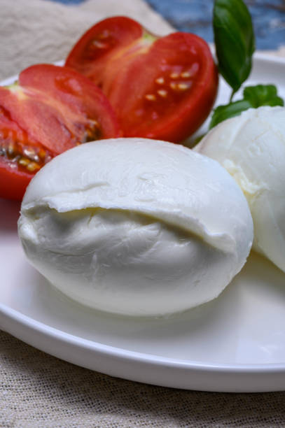 istock Cheese collection, organic mozzarella soft cheese served with ripe tomato and fresh green basil 1189334214