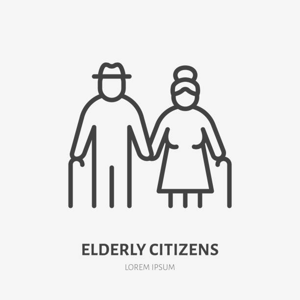 ilustraciones, imágenes clip art, dibujos animados e iconos de stock de icono de línea familiar, pictograma vectorial de abuelos cogidos de la mano. parientes ancianos, ilustración feliz de pareja vieja, personas firman - anciano