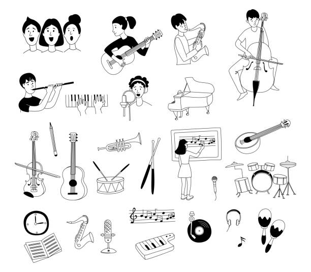 Music lessons students different musical instruments set of doodles Music lessons with students different musical instruments guitar, flute, cello, violin ,saxophone in line icons clipart set of doodles. Vector illustration doodles in linear simple style. Black white lifestyle backgrounds audio stock illustrations