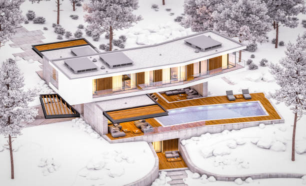 istock 3d rendering of modern house on the hill with pool in winter evening 1189338470