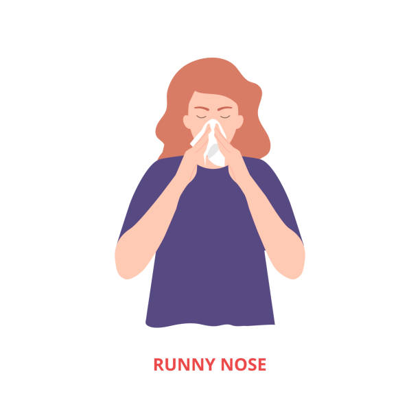 ilustraciones, imágenes clip art, dibujos animados e iconos de stock de síntomas de enfermedad - escurrido nariz vector ilustración estilo plano - resoplar