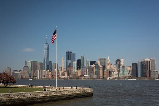 Lower Manhattan skyline panoramic view from Liberty Island, New York