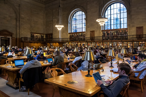 Panoramic view of the people studying in the New York Public Library, Bryan Park, Midtown Manhattan, New York