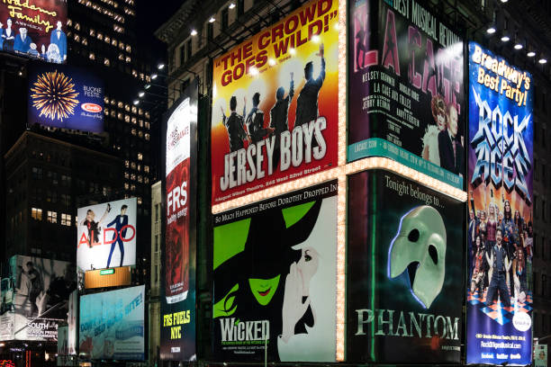 Horizontal night view of Times Square theater neon signs, Midtown Manhattan, New York
