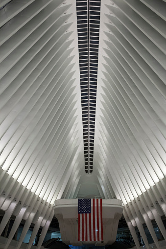 Vertical interior view of the Santiago Calatrava Oculus at night, World Trade Center Transportation Hub, Manhattan, New York