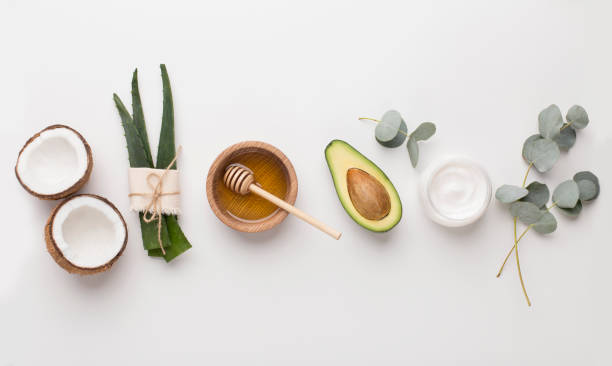 Medical plants used in alternative cosmetology: aloe, honey, coconut Medical plants used in alternative cosmetology: aloe, honey, coconut and avocado, white background, panorama beauty product stock pictures, royalty-free photos & images