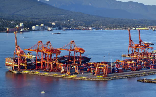 istock Port of Vancouver with red cranes 1189342217