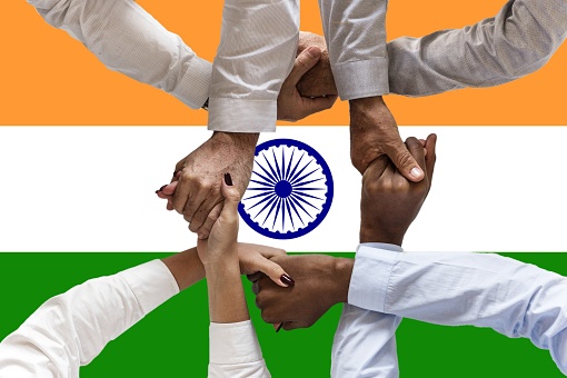 India flag, intergration of a multicultural group of young people.
