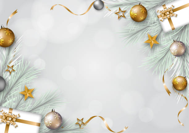 松の木、ギフトボックス、金の星、リボン、装飾的なボールの境界線を持つ灰色のクリスマスの背景。メリークリスマスと幸せな新年のコンセプトベクターアート、イラスト。 - christmas snow frame snowflake点のイラスト素材／クリップアート素材／マンガ素材／アイコン素材