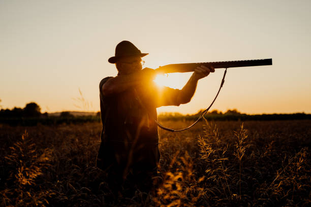 istock Mature male hunter aiming with rifle in meadow at sunset 1189346208