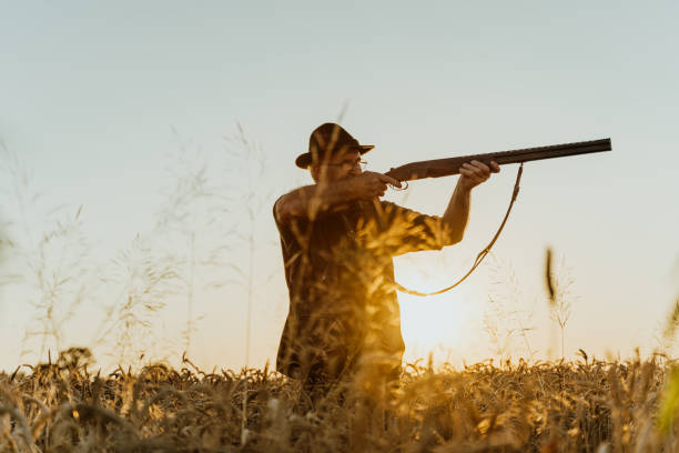 istock Mature male hunter aiming with rifle in meadow at sunset 1189346243
