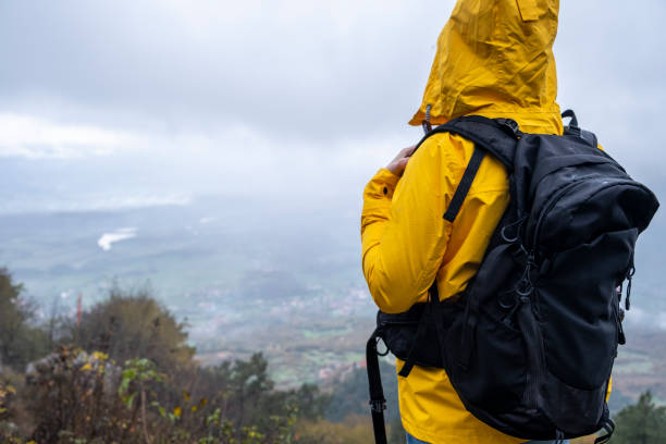 istock Person in Yellow standing high in Rainy Mountains between dramatic sky Back View 1189346707