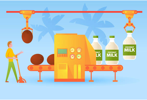 Conveyer Belt Factory Coconut Milk Bottling In Glass Bottlefood Machineman  Cartoon Character Factory Workerflat Vector Illustration Stock Illustration  - Download Image Now - iStock