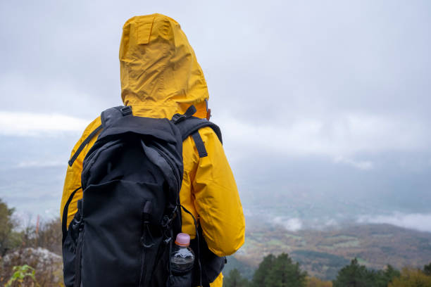 istock Person in Yellow standing high in Rainy Mountains between dramatic sky Back View 1189347555