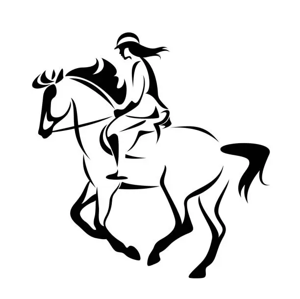 Vector illustration of woman horse rider black and white vector outline