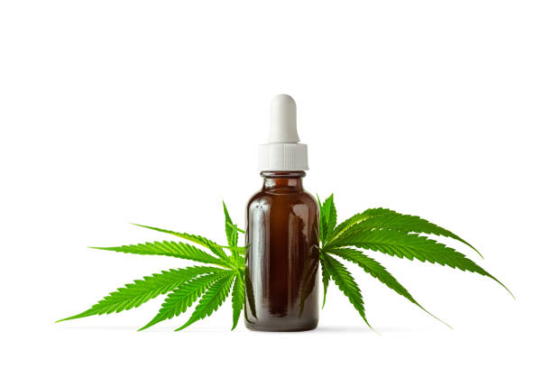 Glass Bottle of CBD or THC Oil with Hemp or Medical Cannabis Plant Leaves Isolated on White Background A brown glass bottle full of CBD oil or tincture from hemp or THC oil from cannabis with marijuana leaves isolated on a white background with copy space. cbd oil photos stock pictures, royalty-free photos & images