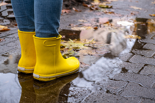 Yellow Rain boots in the puddle Close Up