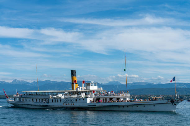 Ferry on Lake Geneva, Switzerland.  This is a steamer offering tours of Lake Geneva stopping at jetties at various points on the lake.