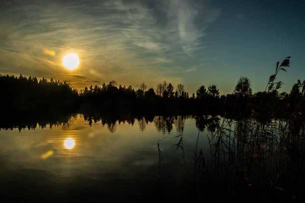 Beautiful sunset on river Kymijoki at autumn, Finland.
