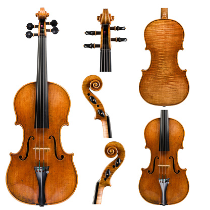 Violin Set on a white background. Model Antonio Stradivarus