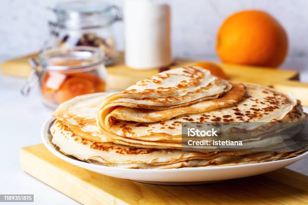 Thin Pancakes On White Rustic Table Stock Photo - Download Image Now - Crêpe - Pancake, Pancake, Stack