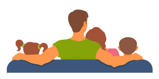Family sitting on a sofa together, watching tv, resting. View from back. Togetherness, leisure time. Adult and kids. Vector cartoon illustration. kids watching tv stock illustrations