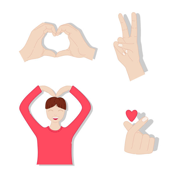 Set of K-pop emoji. Man making a heart symbol. Set of K-pop emoji. Man making a heart symbol. K-pop hand gesture sign of love. Hands making a heart symbol. Victory hand sign. Vector illustration cute boy show love symbol hand stock illustrations