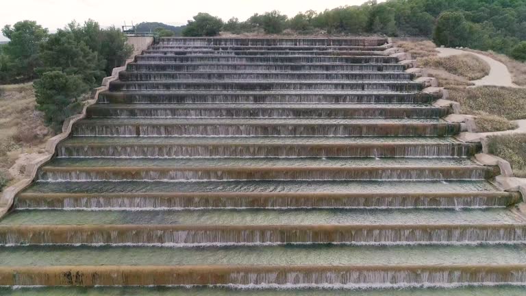 Ladder of waterfalls from front view from drone up