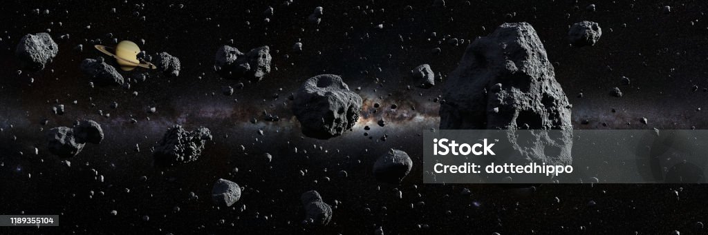 asteroid belt, debris in the solar system asteroids in deep space surrounded by dust, panorama banner Meteorite Stock Photo