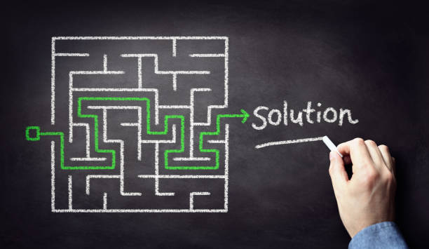 istock Business strategy finding a solution through a chalk drawing of a maze on blackboard 1189355638