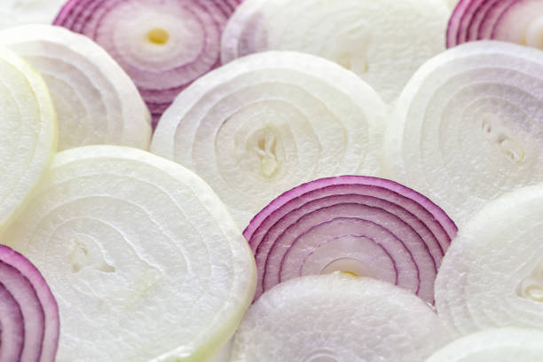 Purple and white onions are sliced into circles. Background